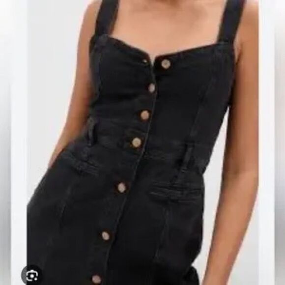 GAP Dresses & Skirts - Gap Women Denim Mini Dress Y2K Black Jumper Button Down Sweetheart Neckline
